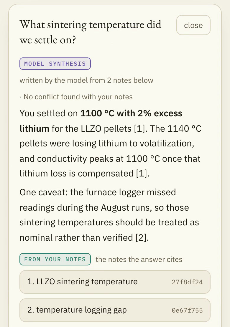 Detail from the recording: the answer to which sintering temperature they settled on, with the notes it cites